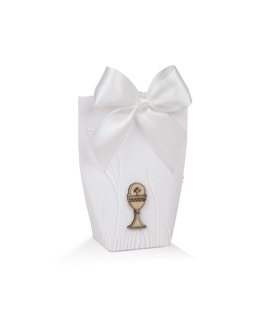 Astuccio slim embossed di spighe di grano sul fronte con applicazione calice in legno piccolo