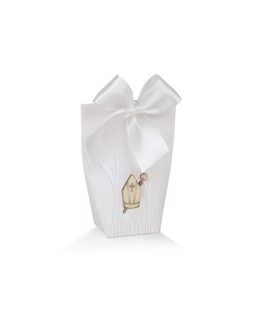 Astuccio slim embossed di spighe di grano sul fronte con applicazione mitra in legno piccolo