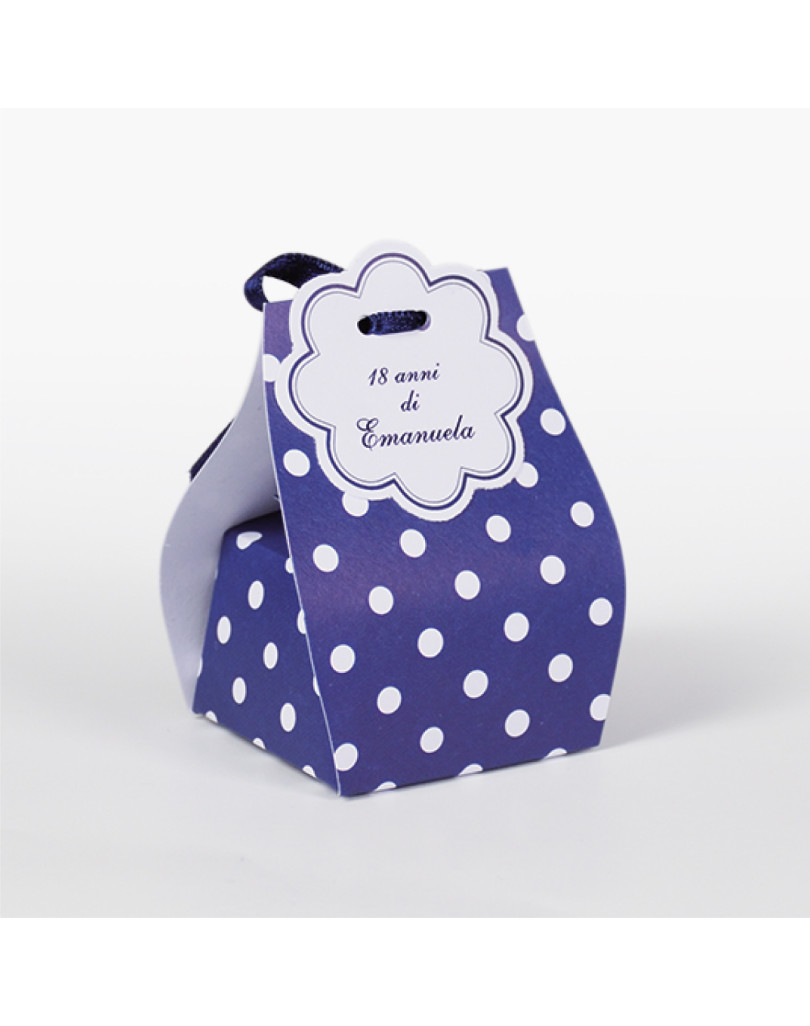 Sacchetto Pois beige su fondo blu completo di bollino prefustellato utile da stampare
